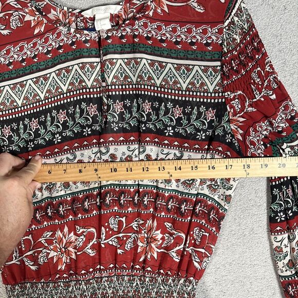 H&M Conscious Womens Maxi Dress 8 Chiffon Red Floral Sheer Smocked Boho Key Hole - Picture 6 of 16